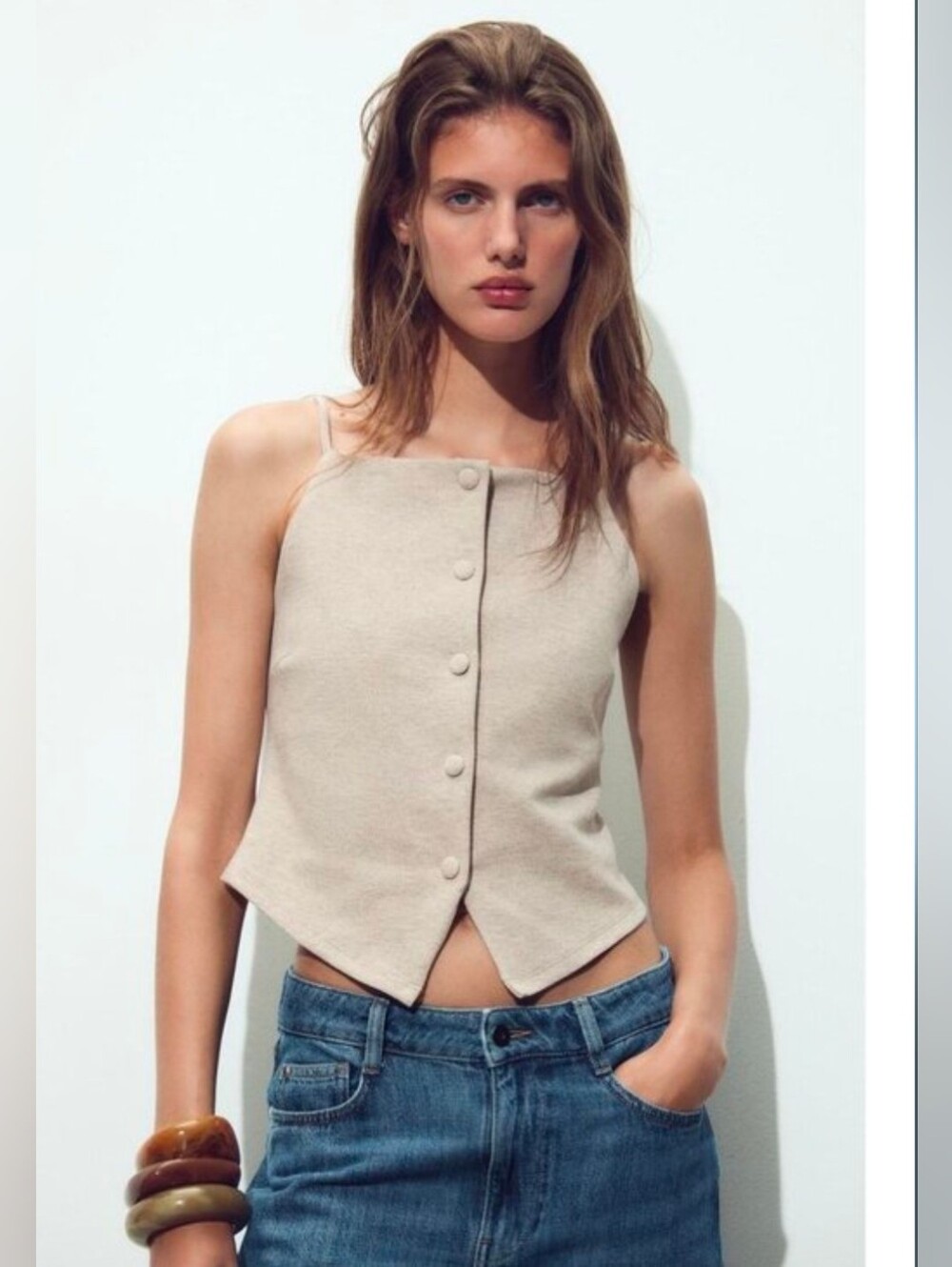 New ZARA Vest with Buttons in Sand Square Neckline Cami Crop Women's